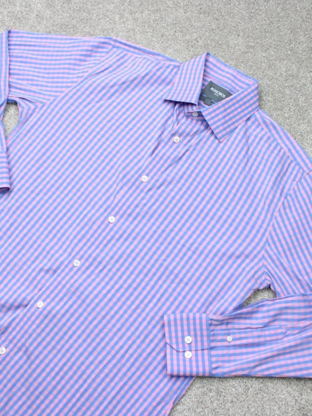 Bonobos Shirt Mens 17, 34 Pink/Blue Check Tailored Slim Fit Long Sleeve Button